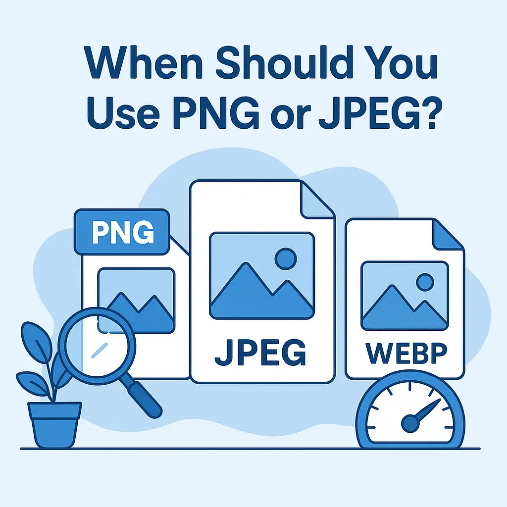 Infographic comparing PNG, JPEG, and WebP formatsת when to use each image type, including transparency, compression, and web speed tips