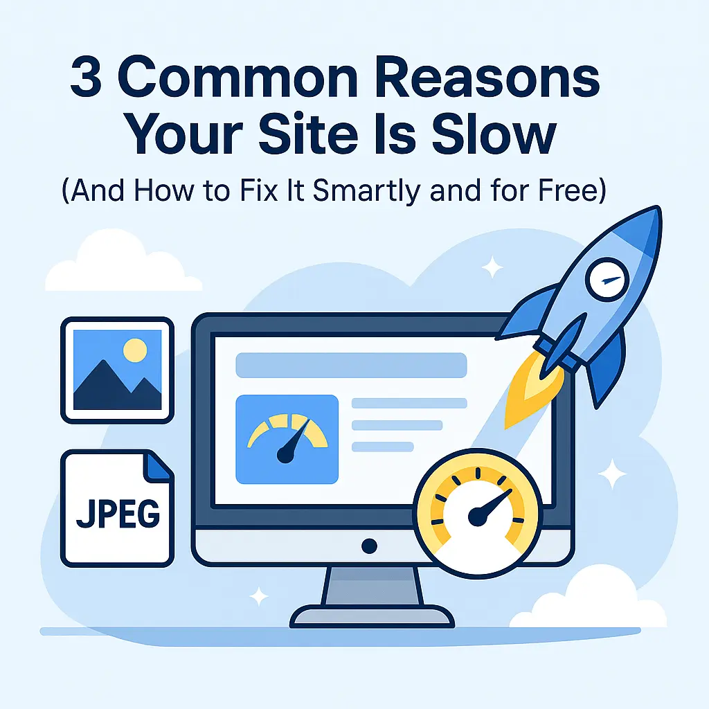 Fast loading website illustration with speed icons and media tools, representing optimization using compression, WebP format, and lazy loading
