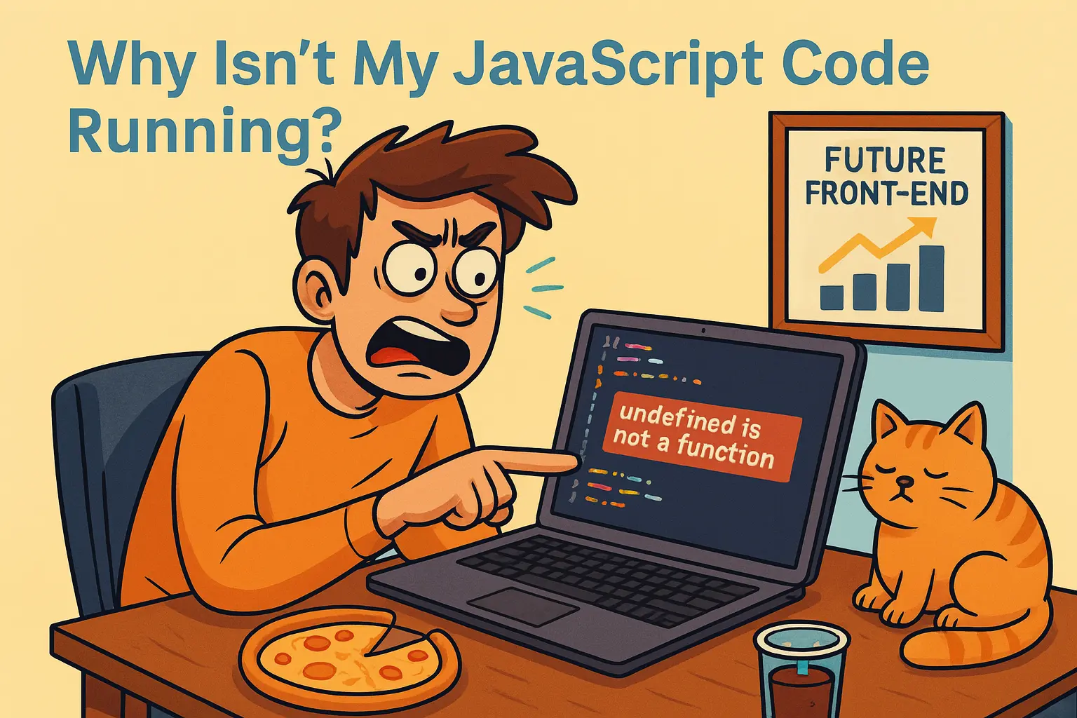 Frustrated developer pointing at 'undefined is not a function' error on laptop while debugging JavaScript code