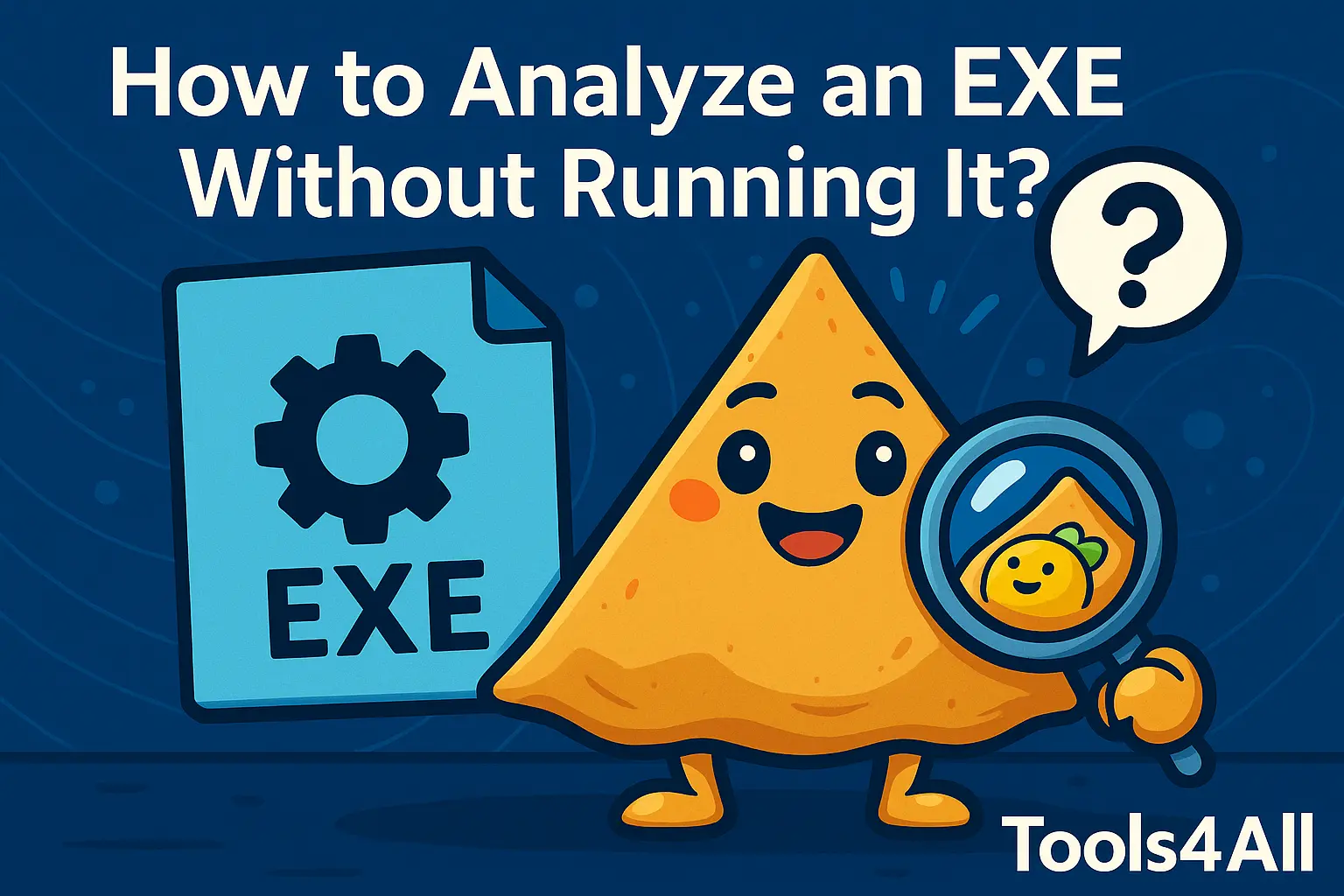 Analyze EXE File Without Running – cartoon samosa inspecting hidden script inside EXE with magnifying glass. Fun visual for Tools4All's online EXE script extractor. Free, safe, no install