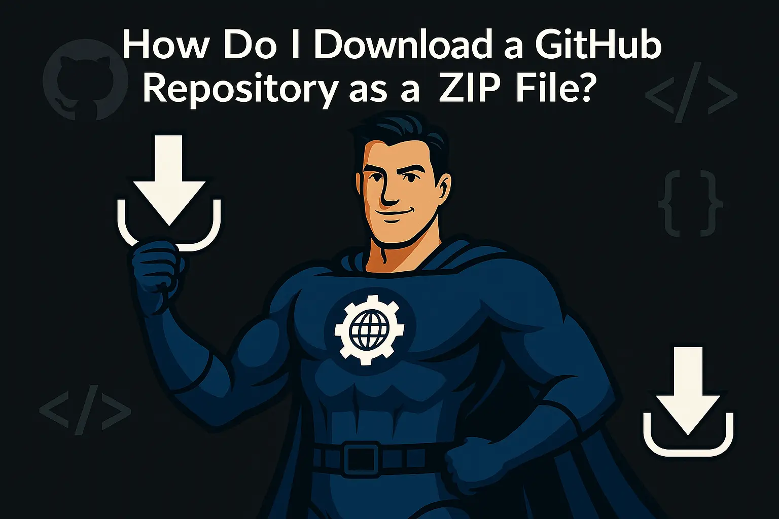 GitHub Downloader Hero – muscular superhero in blue with download icon and GitHub logo, representing Tools4All’s free GitHub repository download tool for developers