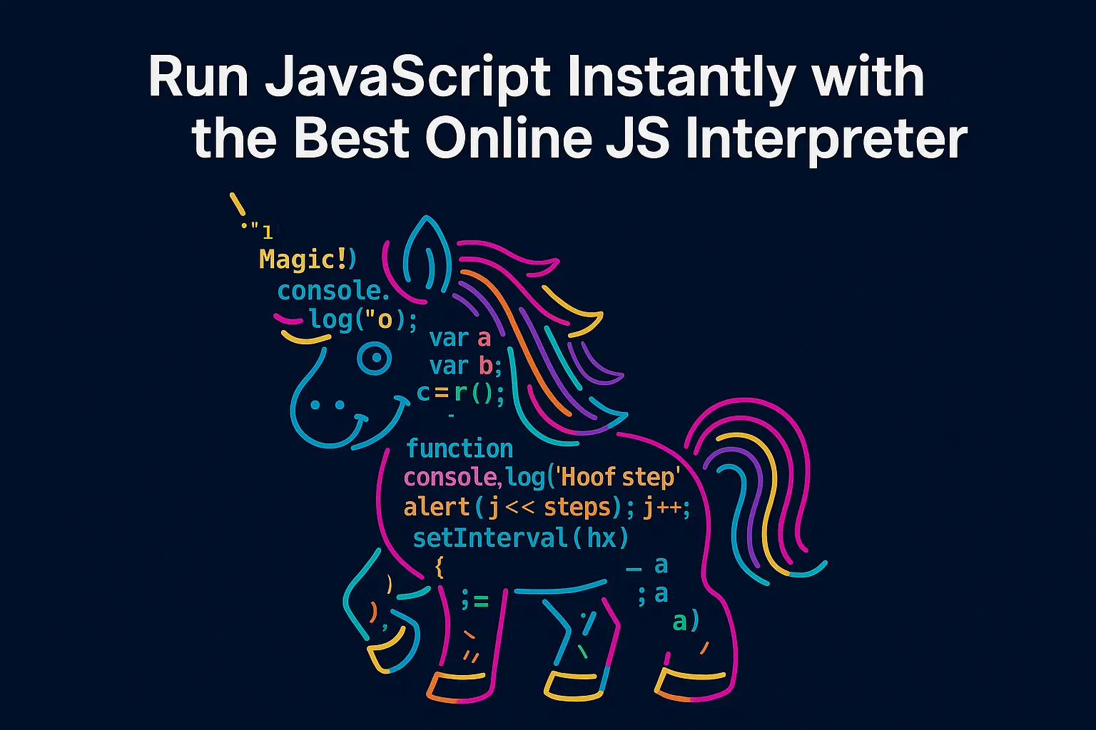 Colorful unicorn made of JavaScript code – fun and creative visual for online JS interpreter, coding tools, and browser-based JavaScript learning