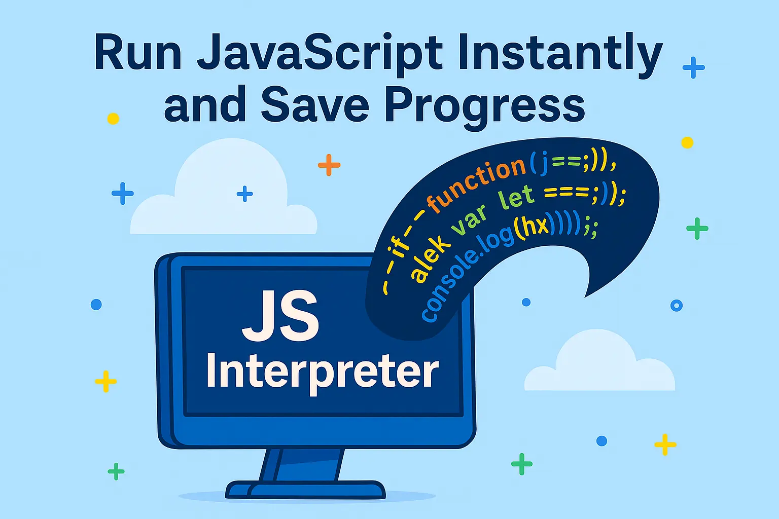 JS Interpreter online – desktop computer with colorful JavaScript code coming out of the screen, browser-based tool to run JS code instantly without installation, perfect for developers and students