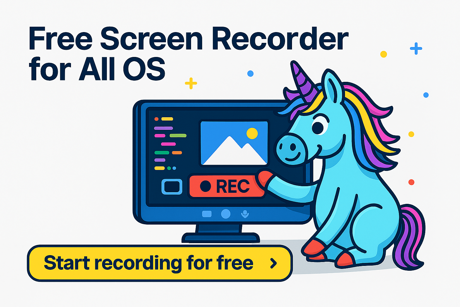 Illustration of a free screen recorder for all operating systems, unicorn presses REC on a desktop screen, playful digital design promoting online screen recording tool
