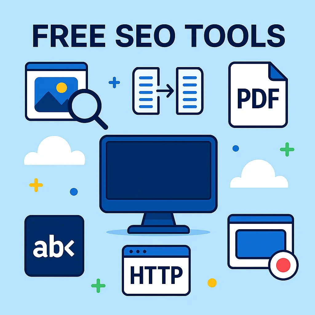 Illustratison of seven SEO tools represented by icons, including image compression, URL extractor, PDF converter, and more – clean flat design with the phrase 'Free SEO Tools'